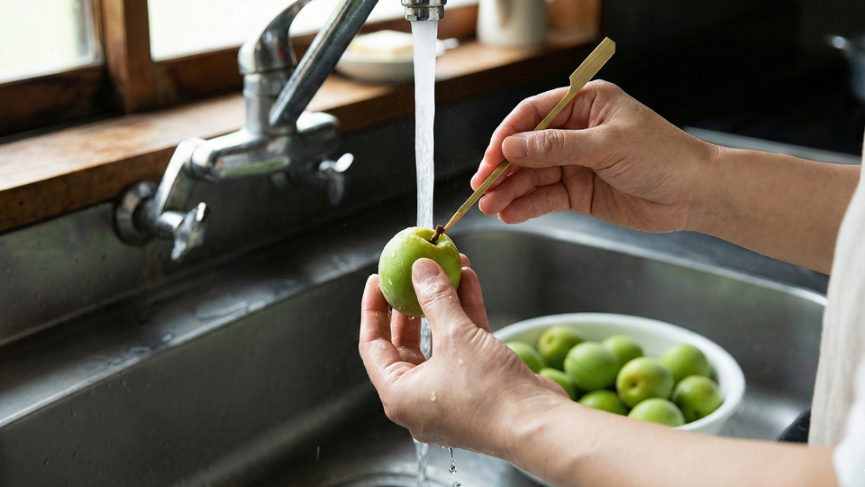梅仕事 梅を洗ってヘタをとる