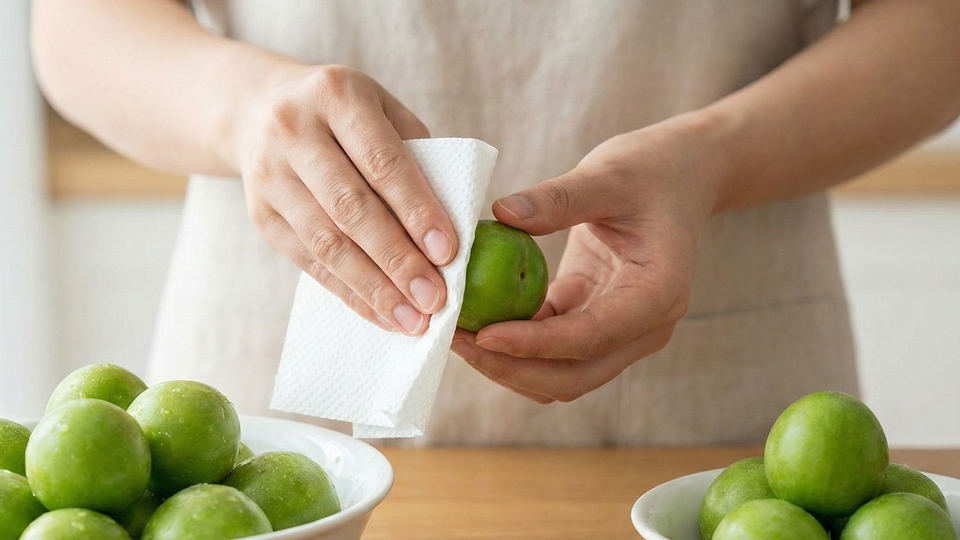 梅仕事 梅の水分を拭き取る