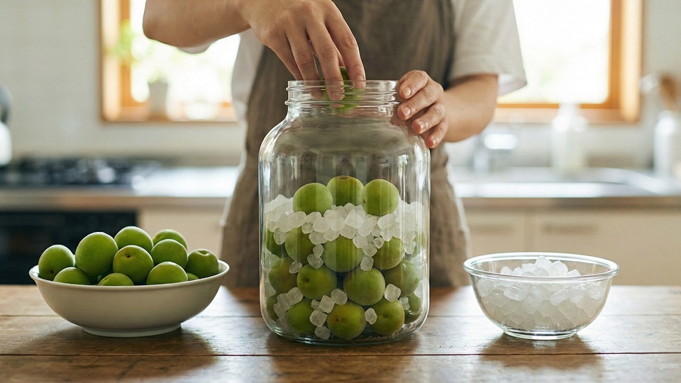 梅仕事 梅と砂糖を交互に詰める