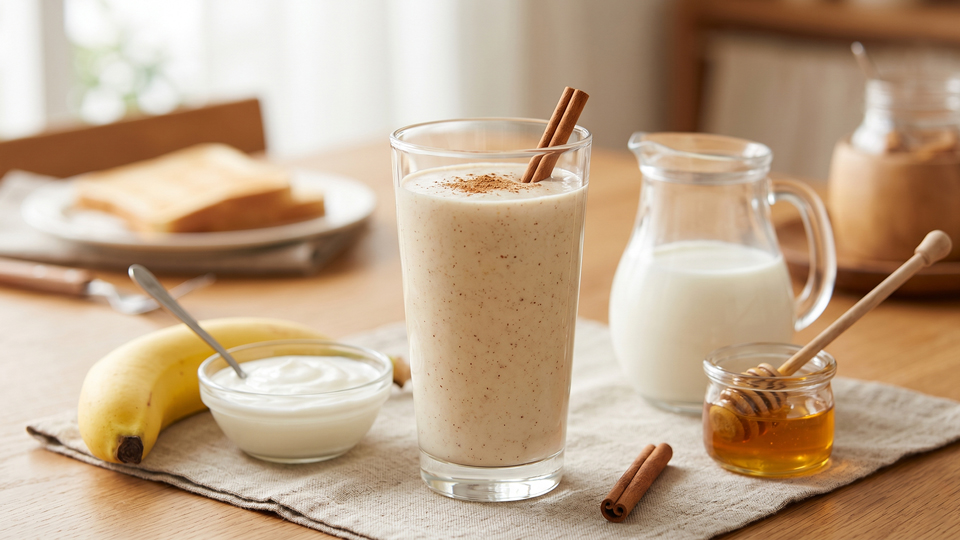 バナナスムージー、牛乳、はちみつ、シナモン