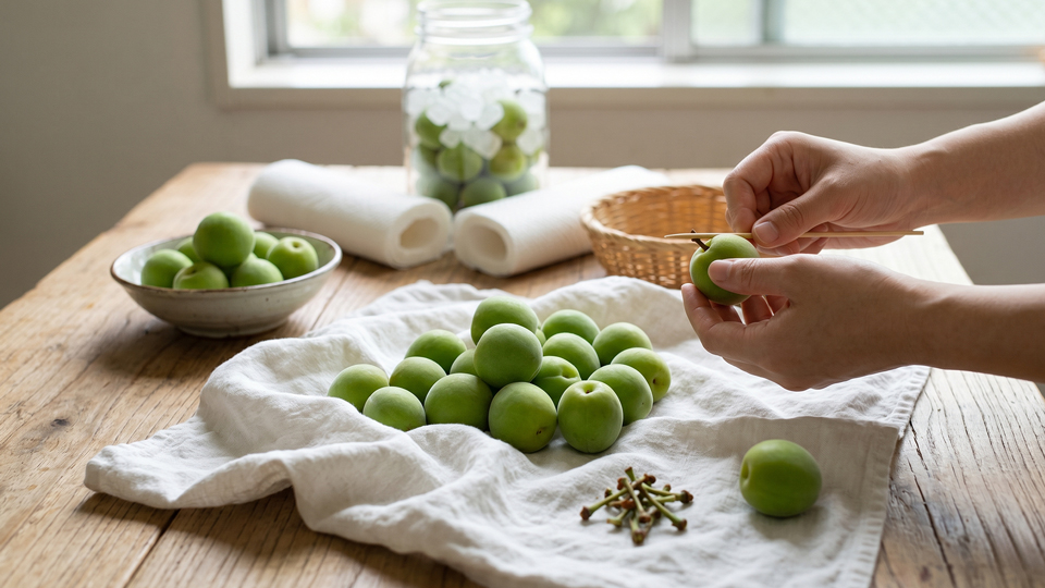 梅シロップ、青梅を洗う