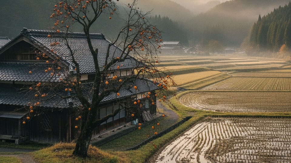 岐阜の農村と柿の木