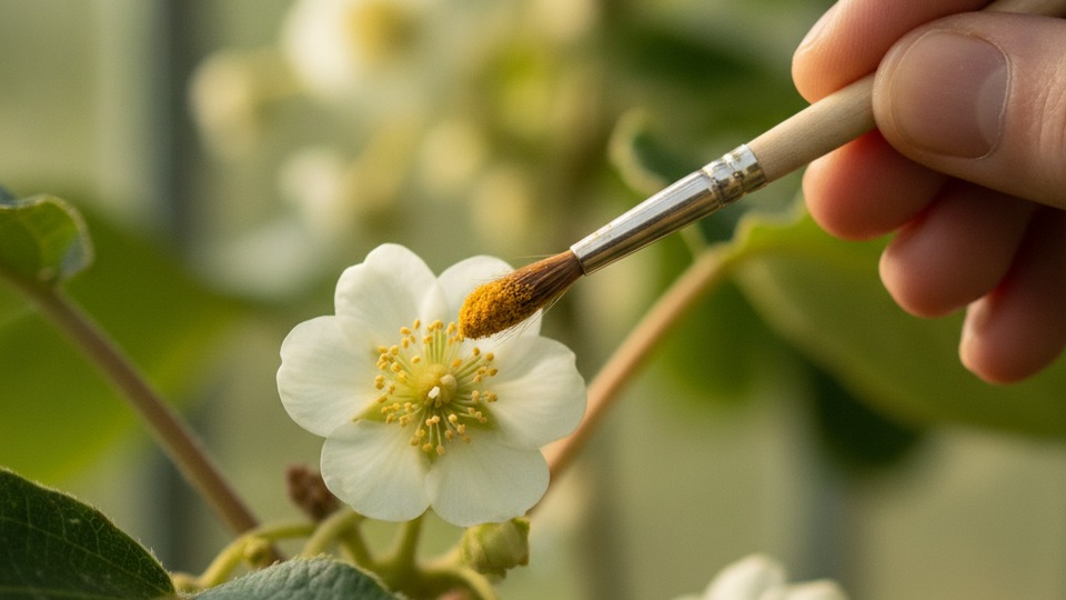 キウイの花に人工授粉するところ