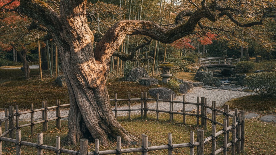 柵に囲まれた梨の老木