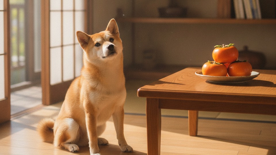 柿 犬 柿を見つめる柴犬