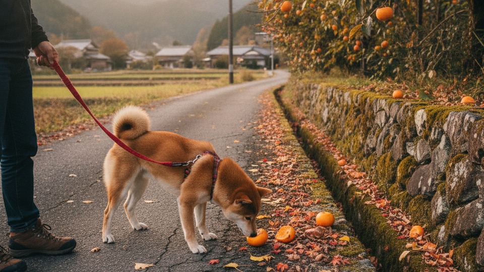柿 犬 散歩中に落ちている柿に注意