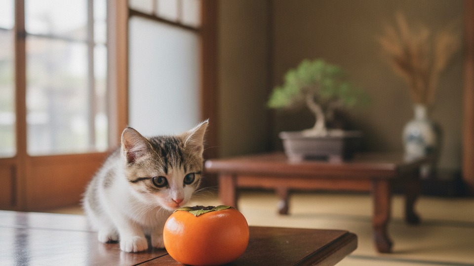 柿 猫 柿のにおいをかぐ猫