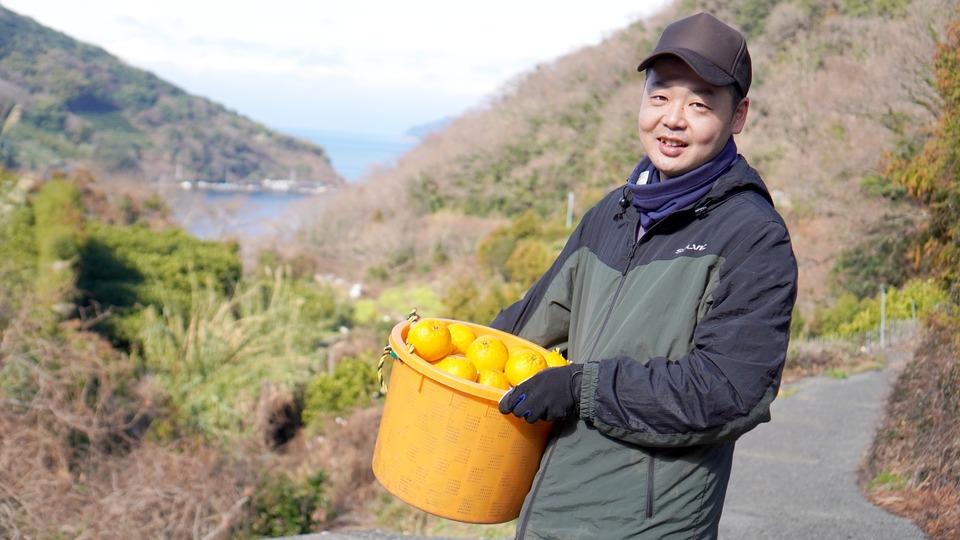 木下農園 収穫した柑橘を持つ園主